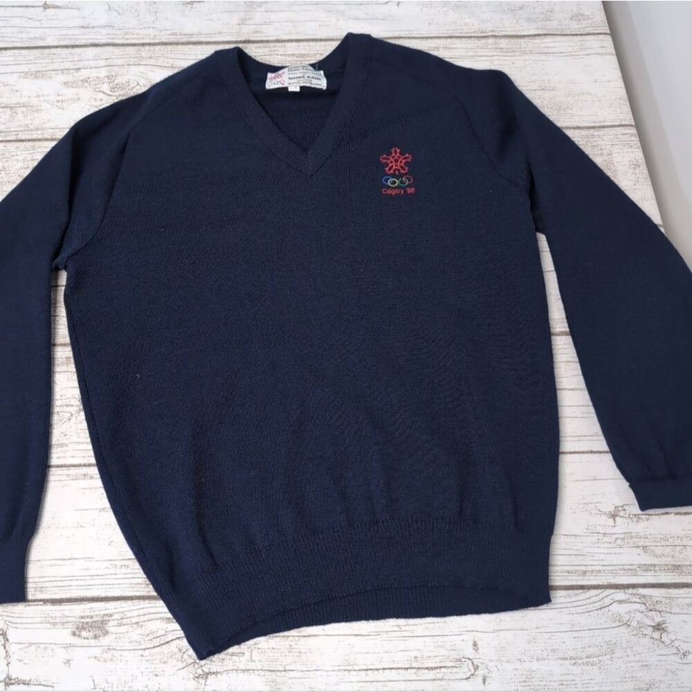 Vintage 1988 Calgary Winter Olympics Navy Blue Wool Sweater Size Large